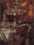 unknow artist Still life of a wine glass and bottle in a parcel gilt tazza together with a glass decanter on a pewter dish upon a draped tabletop Germany oil painting reproduction